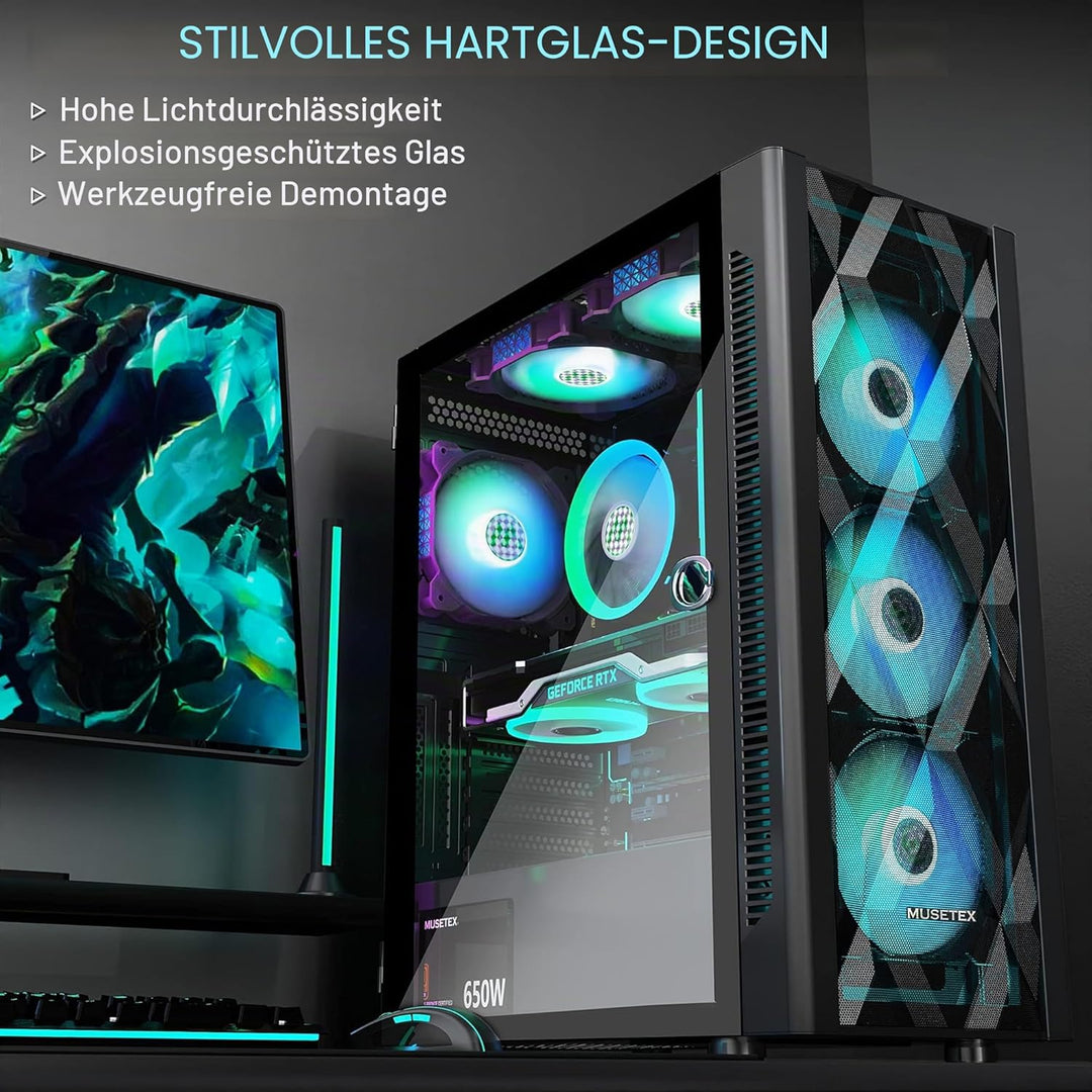 MUSETEX ATX PC Gehäuse Pre-Install 6 PWM ARGB Lüfter, Polygonal Mesh Computer Gaming Gehäuse, Öffnun
