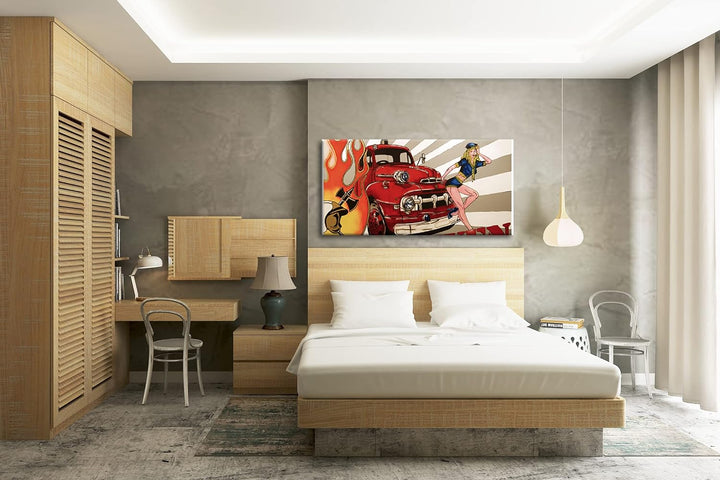 Feuerwehr Illustration Panorama 60x30 cm als Leinwandbild, Motiv fertig gerahmt auf Echtholzrahmen,