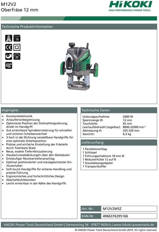 HIKOKI Oberfräse M12V2 (2000W, Spannzange Ø 12 mm, 65 mm Hubhöhe, Soft-touch, Konstantelektronik, ve