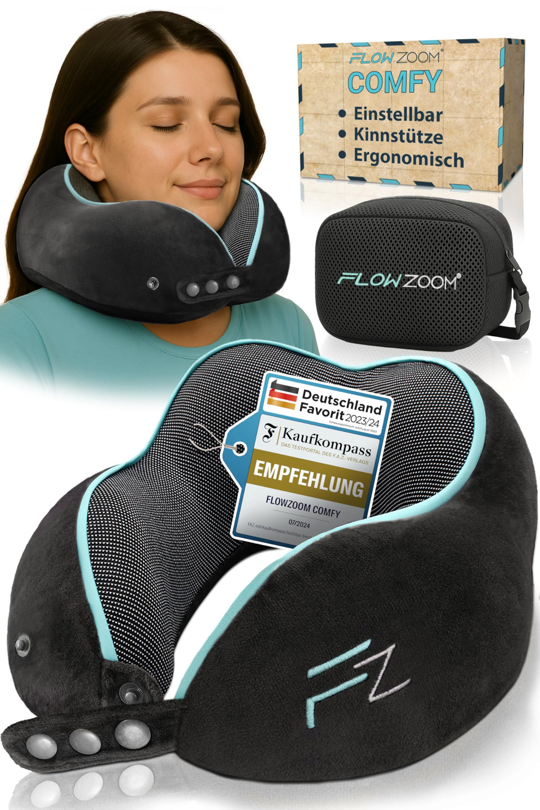 FLOWZOOM Comfy Nackenkissen für Flugzeug & Auto - Einstellbares Memoryschaum Nackenhörnchen mit flex