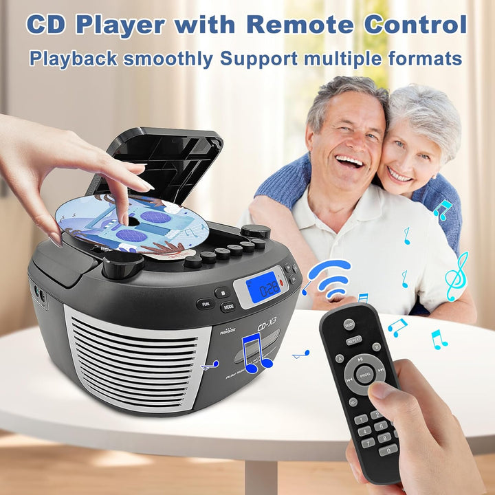Tragbarer CD- & Kassettenplayer mit Fernbedienung – Inklusive FM/AM-Radio, USB-Wiedergabe, Bluetooth