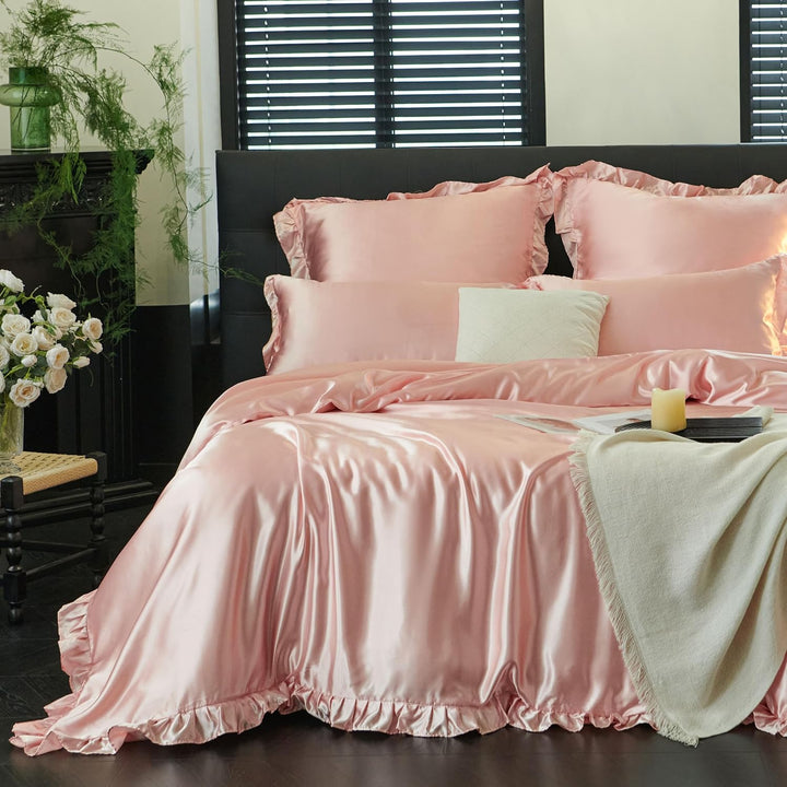 Freyamy Satin Bettwäsche 155x220 Glatt Luxus Seide Glanzsatin Bettwäsche Set Rosa Einfarbig Rüschen