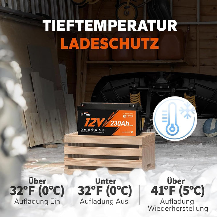 Litime 12V 230Ah Plus Low-Temp-Schutz LiFePO4 Batterie Eingebautes 200A BMS, Max 2944Wh Energie, Lit