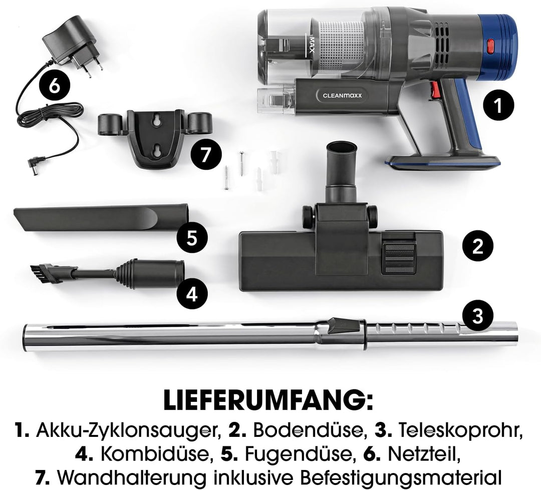 CLEANmaxx kabelloser Hand- und Bodenstaubsauger ohne Beutel | Starker Akku für bis zu 35 Min. Laufze
