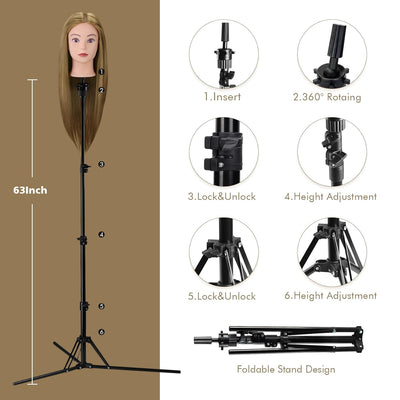 Frisierkopf mit Übungskopf ständer,71cm 60% Frisierkopf Echthaar,Puppenkopf zum Frisieren,Trainingsk