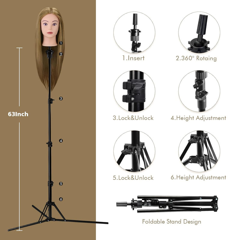 Frisierkopf mit Übungskopf ständer,71cm 60% Frisierkopf Echthaar,Puppenkopf zum Frisieren,Trainingsk