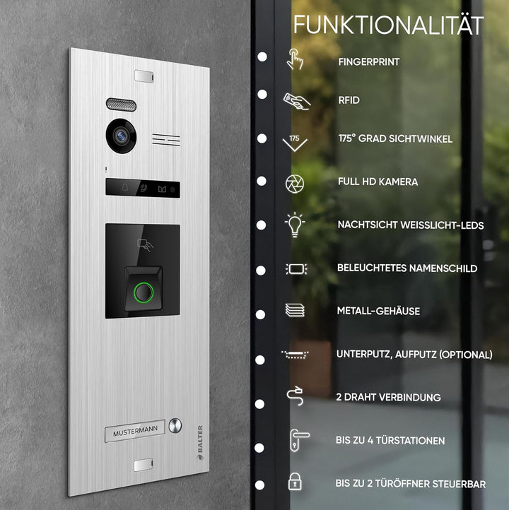 Balter EVO-HD Video Türsprechanlage mit Fingerprint, Video Türklingel, 1 Familienhaus, 3X 7 Zoll Mon