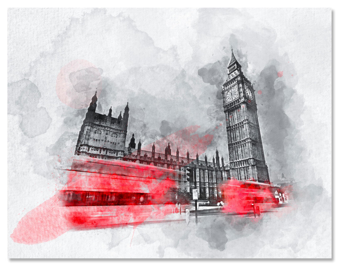 wandmotiv24 Leinwandbild Malerei, 80x60cm, Querformat, Aquarell, London, Deko, Bilder auf Leinwand,
