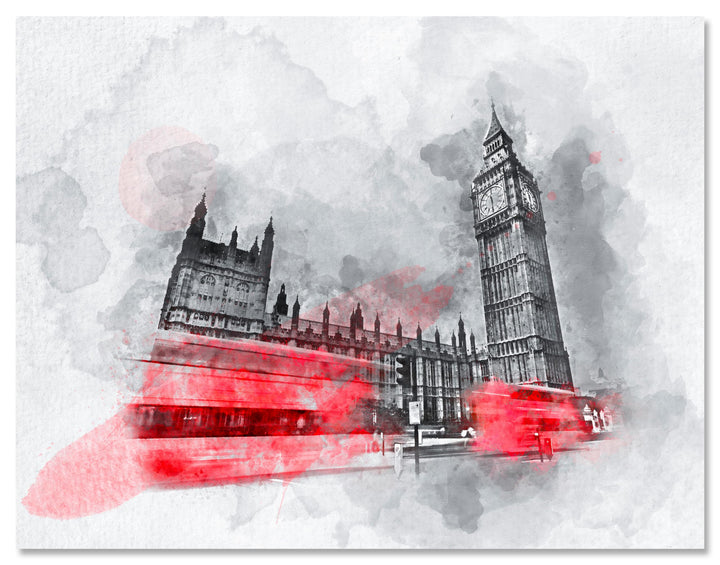 wandmotiv24 Leinwandbild Malerei, 80x60cm, Querformat, Aquarell, London, Deko, Bilder auf Leinwand,