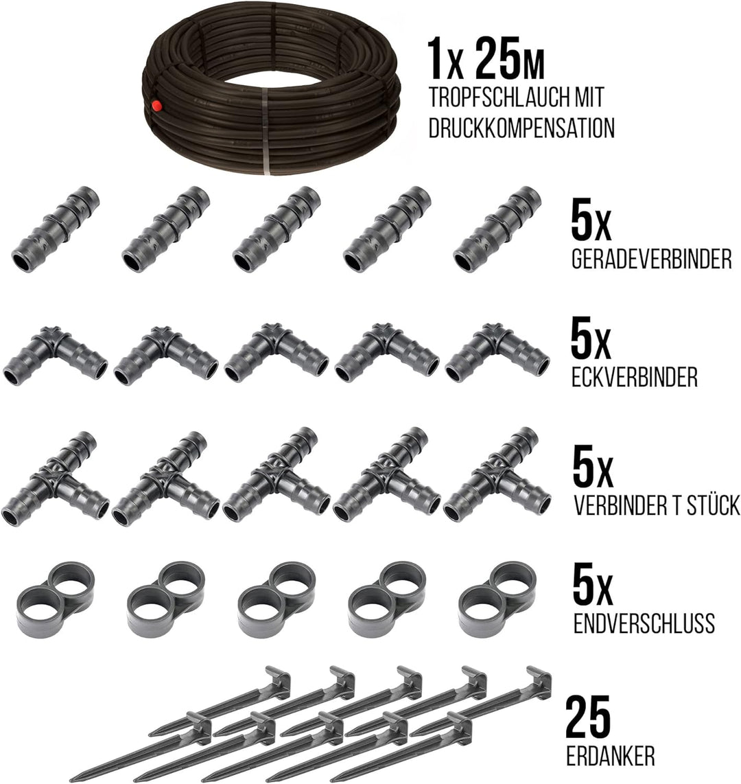 HaGa® Bewässerungsset - Tropfschlauch 16mm in 25m Länge mit Druckkompensierung inkl. Zubehör - Perls
