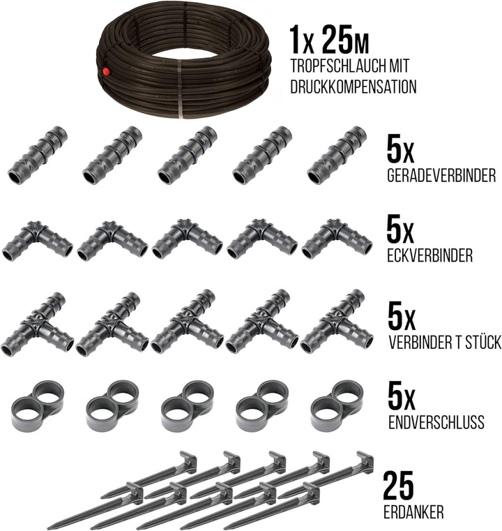 HaGa® Bewässerungsset - Tropfschlauch 16mm in 25m Länge mit Druckkompensierung inkl. Zubehör - Perls