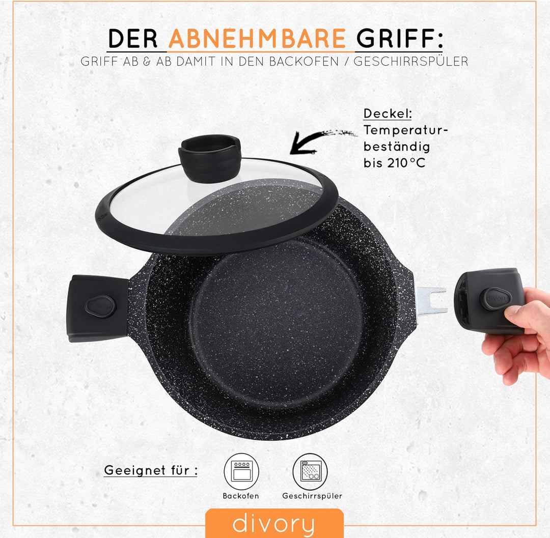 DIVORY Topfset - 8-teilig - Stielkasserolle 18 cm, Kochtopf 20 cm, Topf 24 cm, mit Deckel, Induktion
