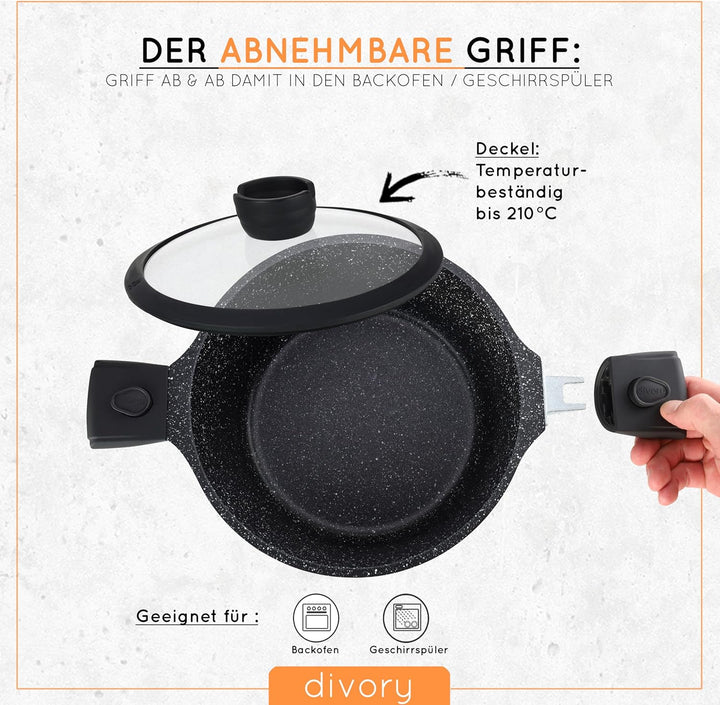 DIVORY Topfset - 8-teilig - Stielkasserolle 18 cm, Kochtopf 20 cm, Topf 24 cm, mit Deckel, Induktion