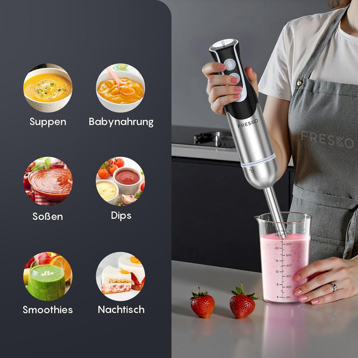 FRESKO Stabmixer, 1000W Edelstahl pürierstab mit 12 Geschwindigkeitsstufen, TURBO-Taste, 700ml Beche