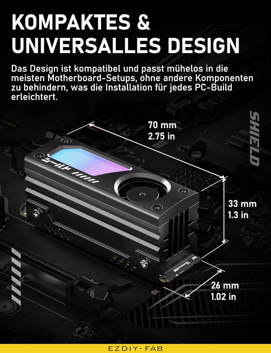 EZDIY-FAB Shield ARGB M.2 SSD-Kühler mit 20mm PWM-Lüfter, Premium-Aluminium-Design, 5V 3-Pin ARGB Sy