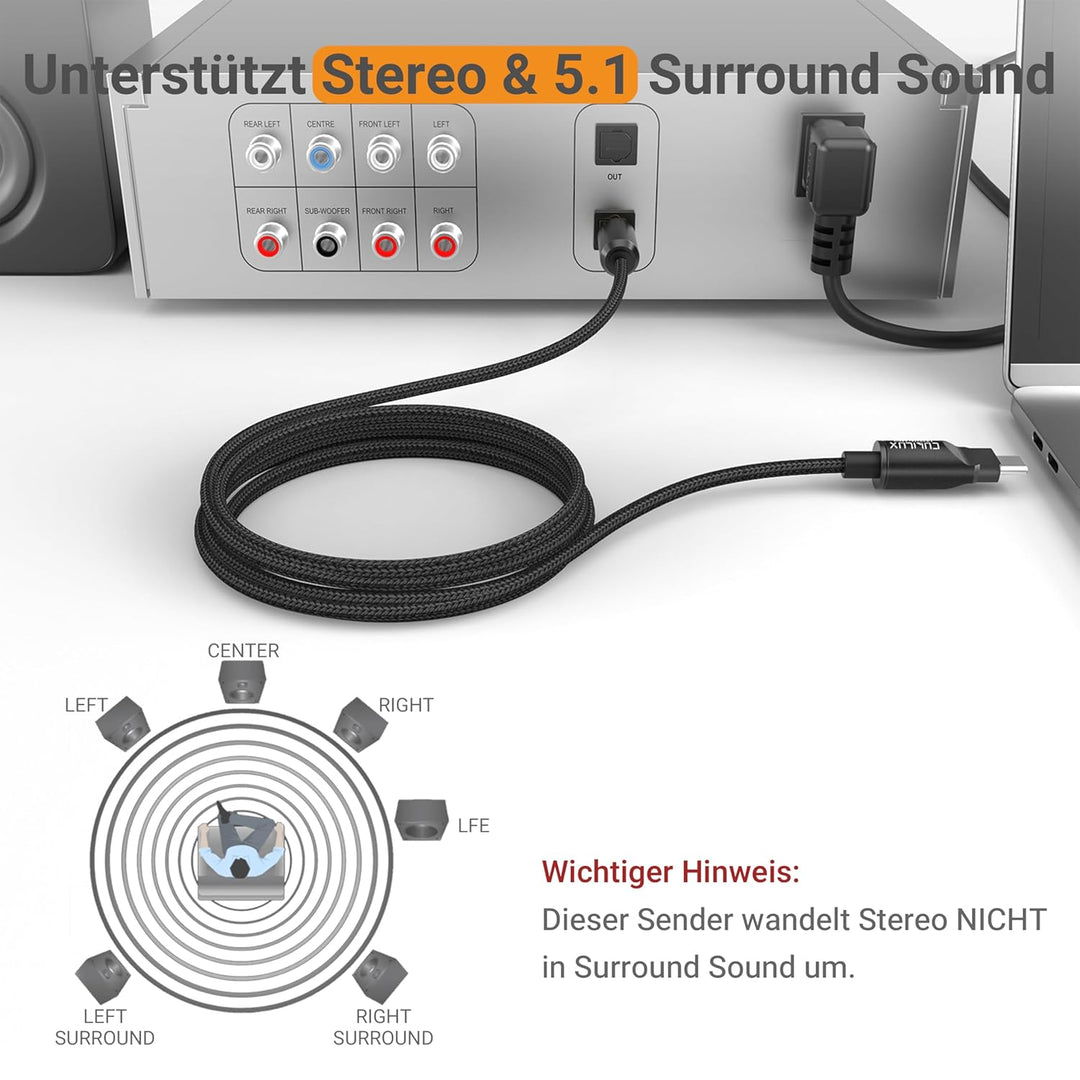 Cubilux USB C auf TOSLINK Optisches Audiokabel [192KHz/24bit], Einseitiger USB-C zu SPDIF Digital Ko