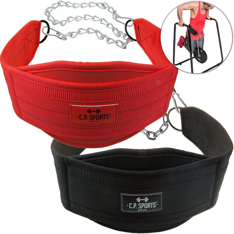 C.P. Sports Trainings Dip Gürtel Dipgürtel, Schwarz oder Rot extra lange Kette One Size, Rot