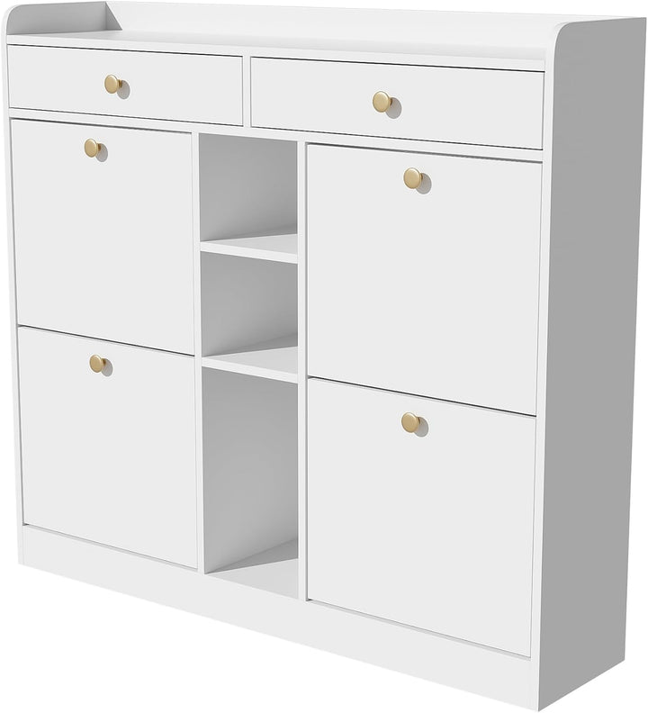 Merax Schuhschrank 110x26x100 cm, mit 4 Klapptüren 2 Schubladen 3 offenen Fächern, Platzsparender Sc