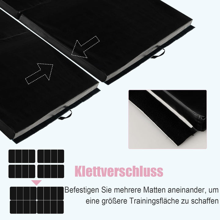GYMAX Gymnastikmatte klappbar, rutschfeste & reissfeste Weichbodenmatte mit Kunstleder-Bezug & 2 Tra