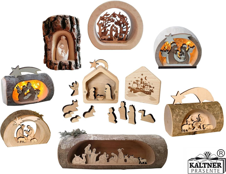 Kaltner Präsente Geschenkidee - Weihnachten Krippe aus Holz mit Jesus, Maria und Kind in einem Baums