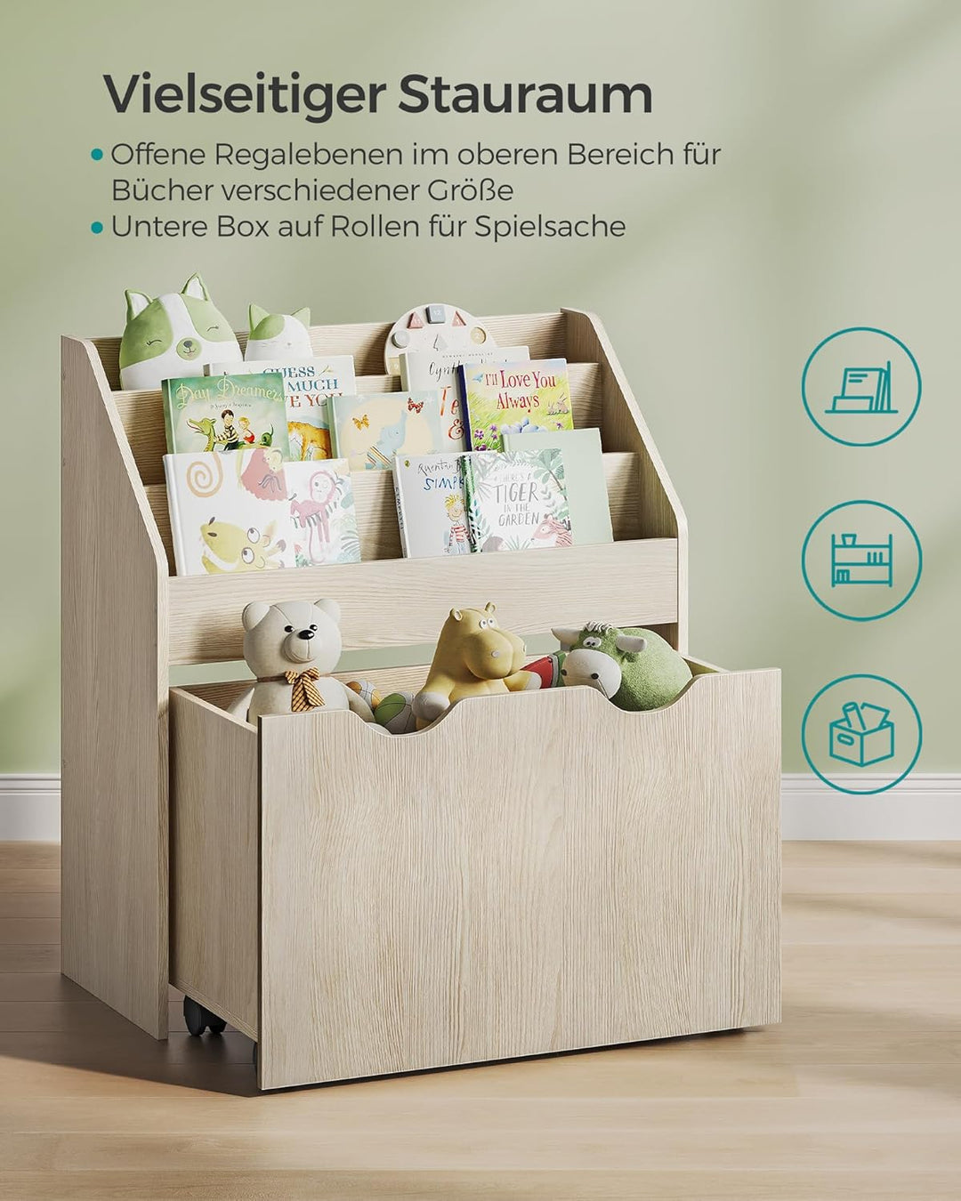 SONGMICS Bücherregal Kinder, Kinderregal, Spielzeugregal, mit 3 Regalebenen, Aufbewahrungsbox auf Ro