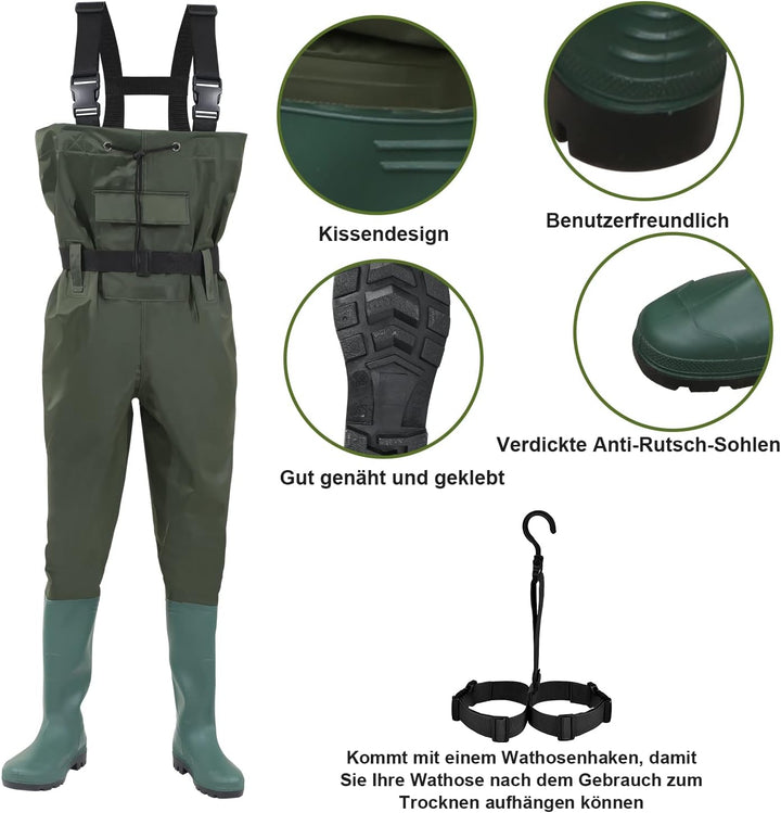 Gimisgu Wathose 70 Denier Nylon, PVC Angelhose, wasserdichte Fischteichhose mit Gummistiefeln, Bund,