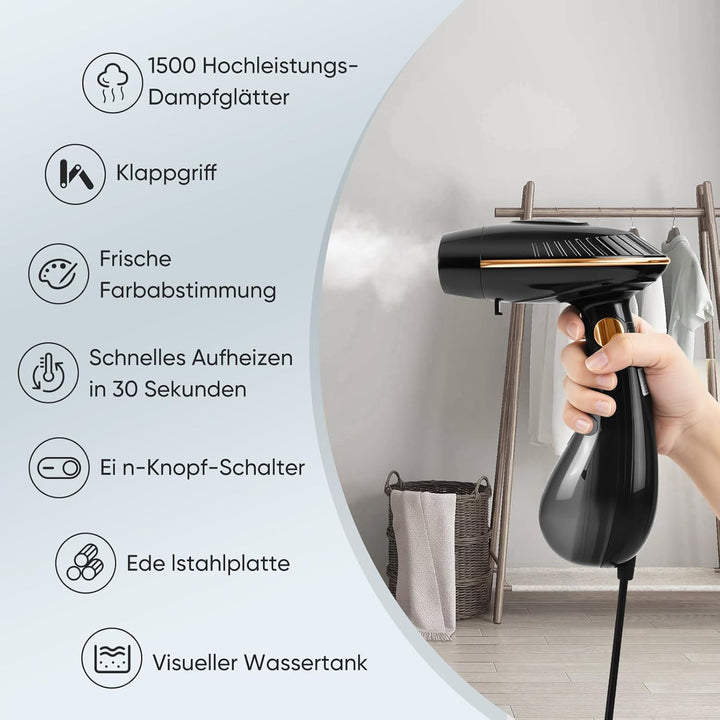 Steamer Dampfglätter 1500W, Dampfbürste Steamer Schnelles Erwärmung 25G/Min Dampf, Faltbar, Hemdenbü