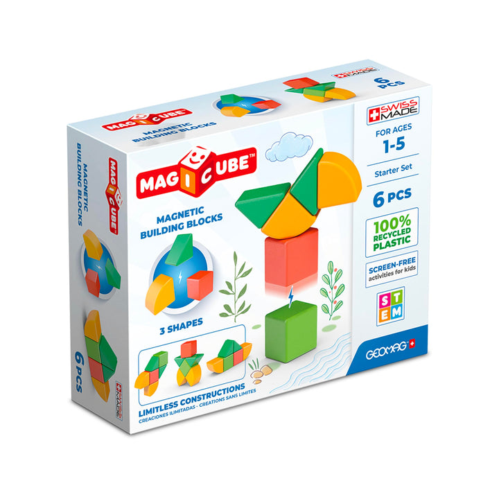 GEOMAG - Magicube 1+ Formen - Magnetische Blöcke für Kinder - 4 Farben und Formen - 6 Würfel - 1-5 J