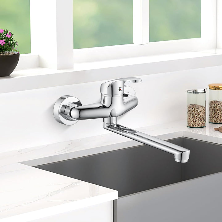 Wasserhahn Küche Wandmontage, 360° Drehbar Wasserhahn Mischbatterie Küche Wandarmatur, Einhebelmisch