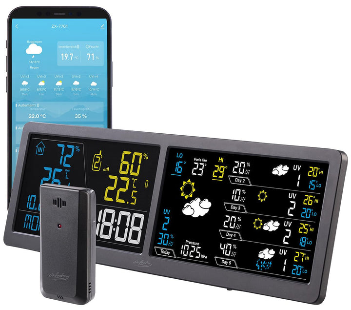 infactory Wanduhr: WLAN-Funk-Wetterstation mit Widescreen-VA-Display, Aussensensor und App (WLAN-Far