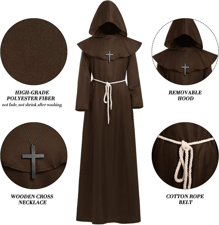 KONVINIT Mönch Robe Kostüm Männer Prister Gewand Kostüm Mittelalterliche Robe mit Kapuze Halloween K