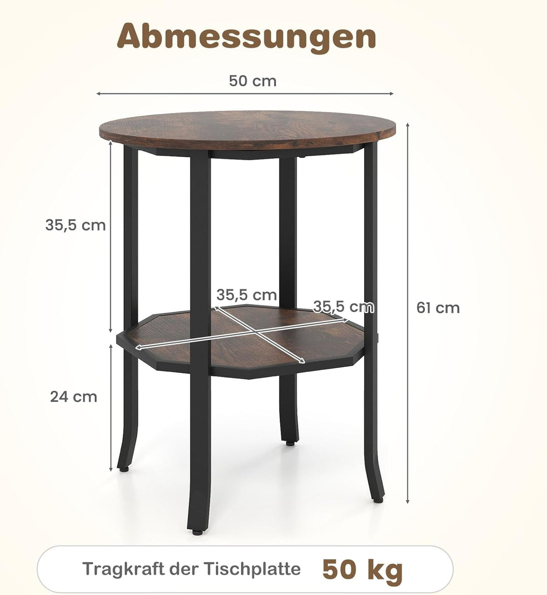 COSTWAY Runder Beistelltisch, 2-stufiger Sofatisch mit offenem Regal, industrieller Wohnzimmertisch,
