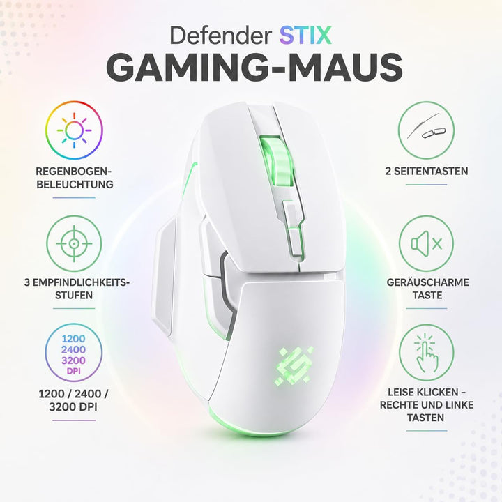 Defender® STIX Kabellose Gaming Maus - Geräuschlose Klicks - 5 programmierbare Tasten - RGB-Beleucht