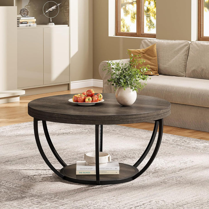 Tribesigns Runde Couchtisch, Industrial 2-Tier-Kreis Couchtisch mit Lagerung Regale, Moderne hölzern