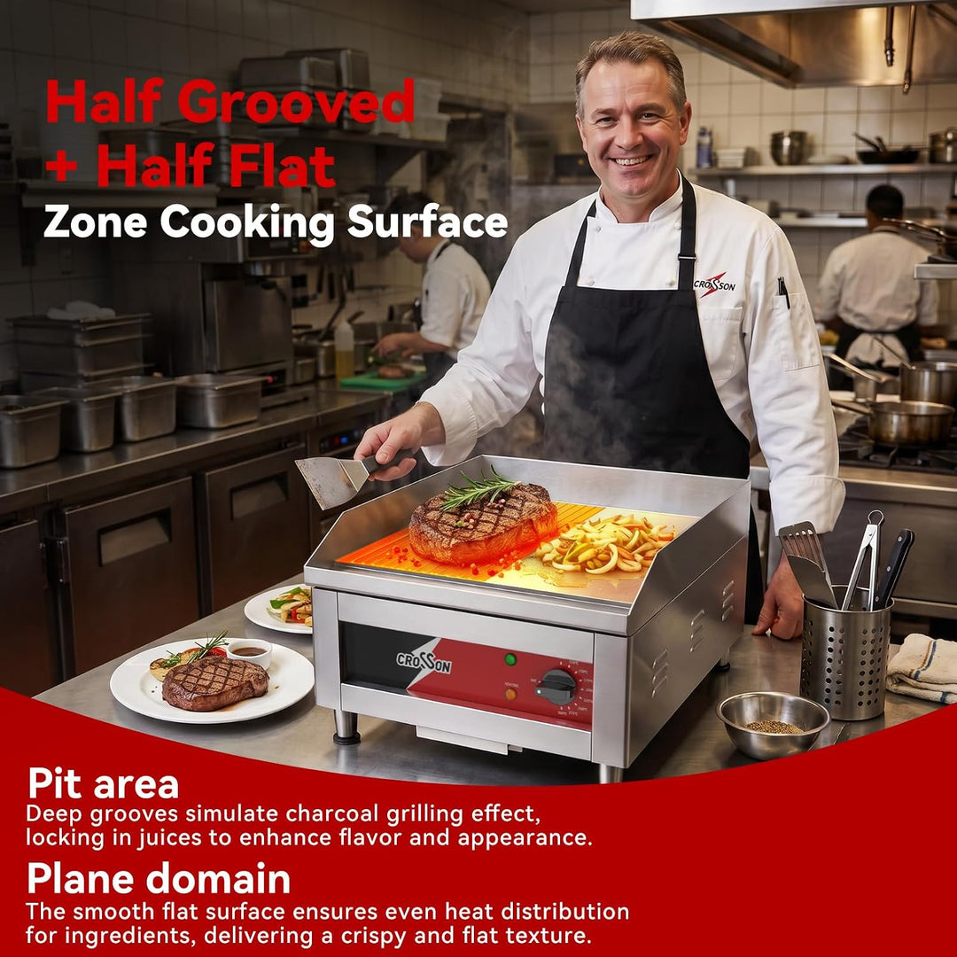 CROSSON Profi Gastro Grillplatte Elektrisch mit halb glatter und halb gerillter Grillfläche (40 x 40