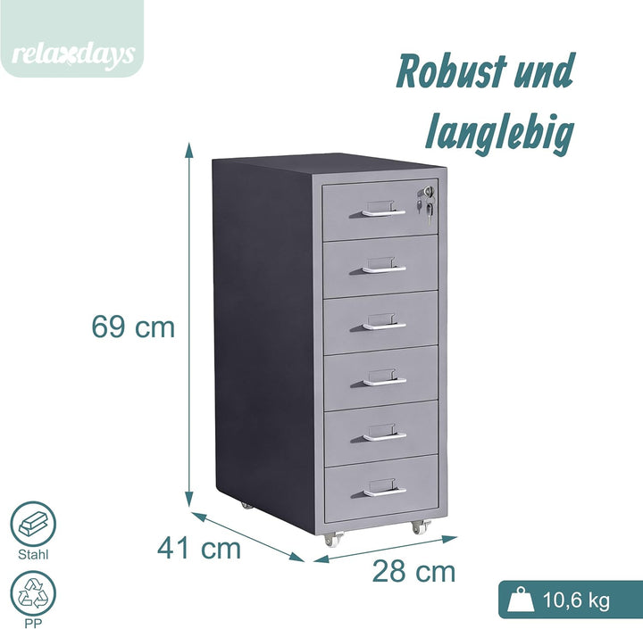 Relaxdays Rollcontainer, 6 Schubladen, HxBxT: 69 x 28 x 41 cm, abschliessbar, Aktenschrank auf Rolle
