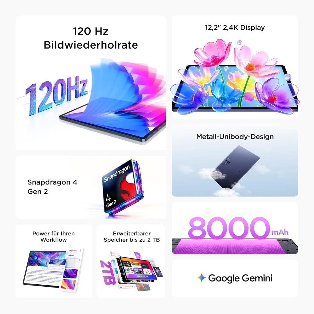 TCL TAB A1 Plus Tablet, 12,2" 2,4K 120Hz Immersive Display, 128 GB ROM, 6 GB RAM-Erweiterung, Google