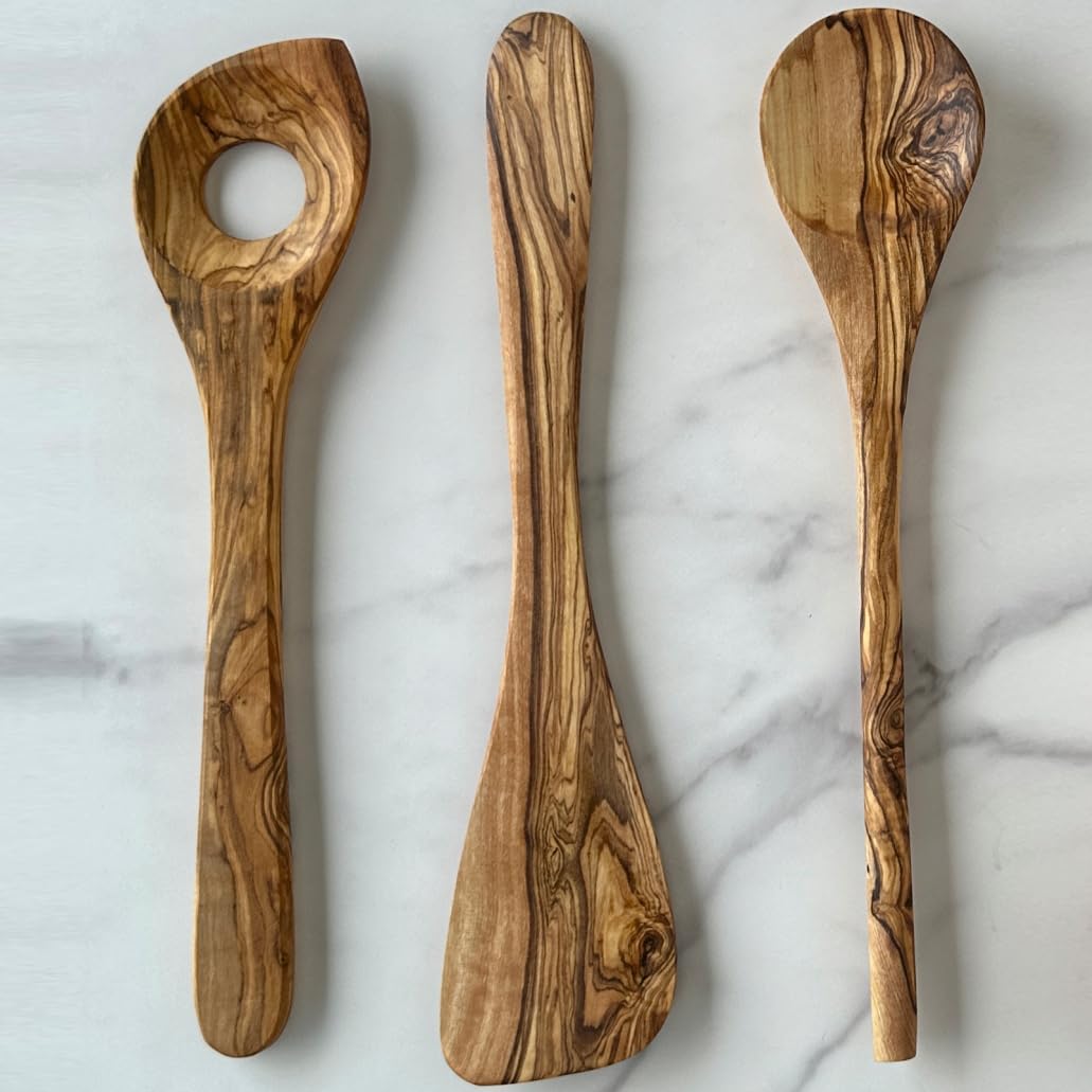 Handgefertigtes Olivenholz Küchenhelfer-Set, 30 cm, mit Aufbewahrungstopf, 3 oder 5 Teile (3), 3