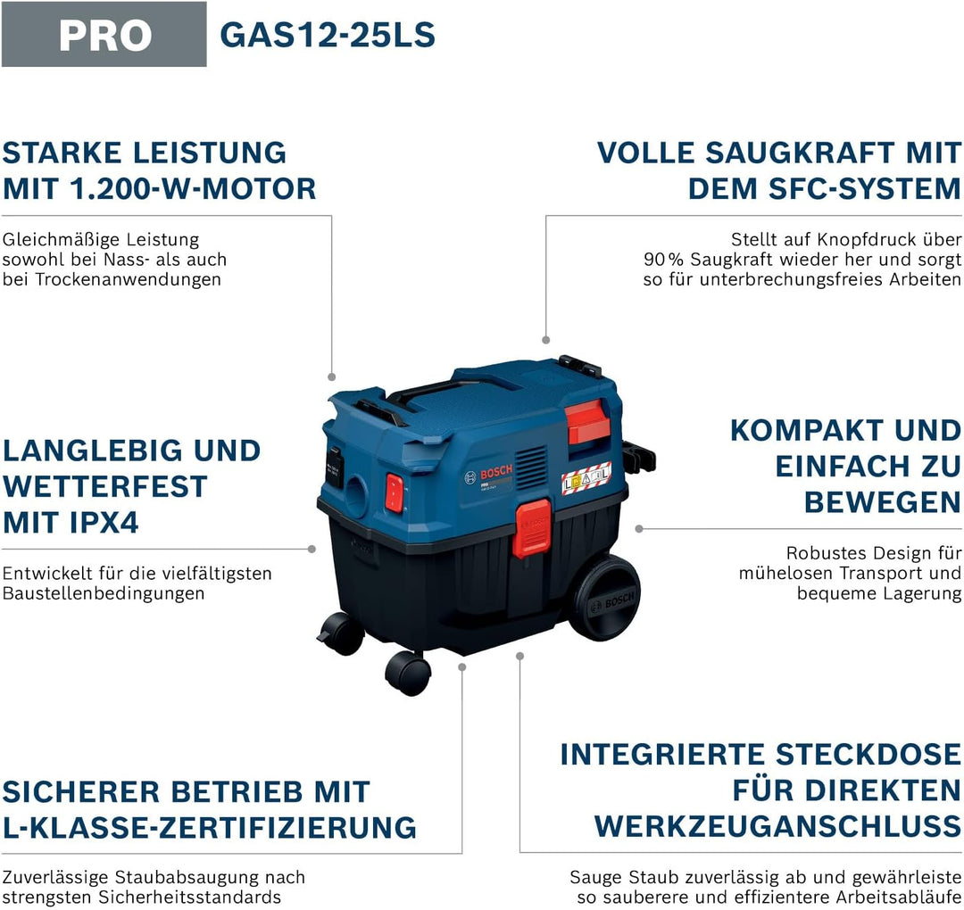 Bosch PRO Kabel-Nass-/Trockensauger GAS12-25LS (inkl. Kunststoff-Verlängerungsrohre, Flachfaltenfilt