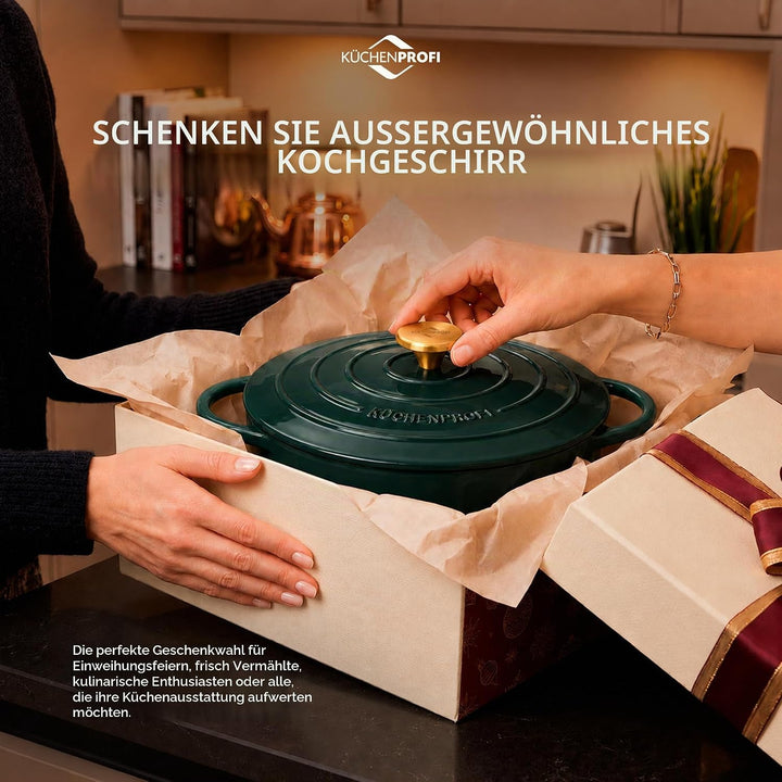 Küchenprofi Gusseisen Bräter mit Deckel, grün/innen schwarz , 26 cm, Schmortopf, Auflaufform, Dutch