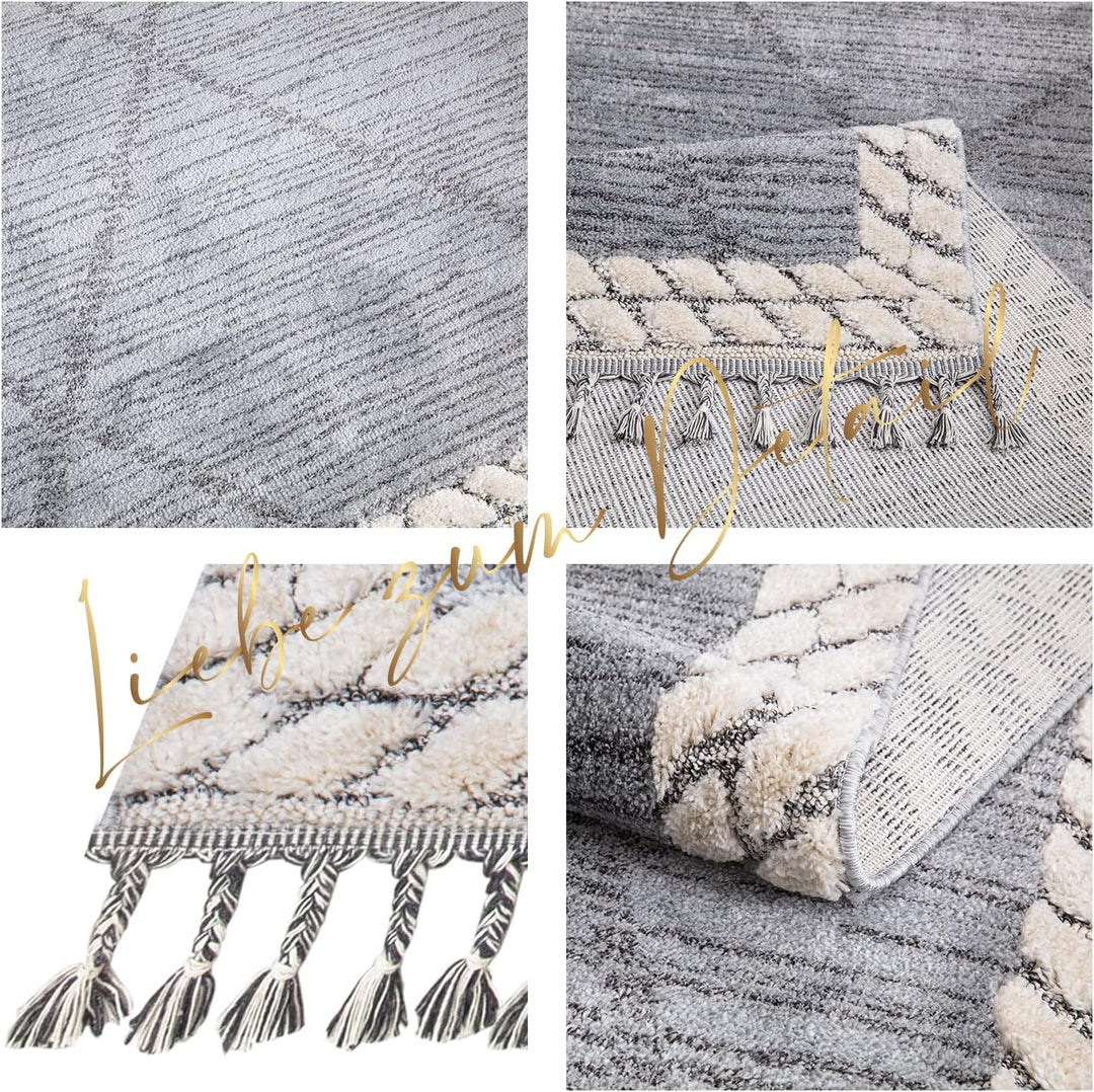 payé Teppich Wohnzimmer - Abstrak Raute - 80x150cm - Creme Grau Blau - Fransen Deko Boho Flauschig -