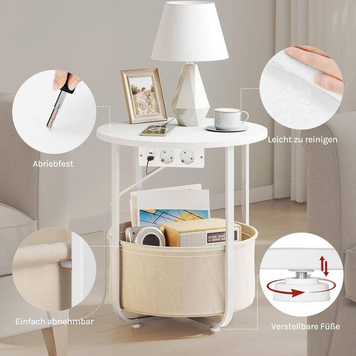WOLTU Couchtisch rund, Kleiner Beistelltisch mit Steckdose, Abnehmbarer Korb aus Stoff, Metallrahmen