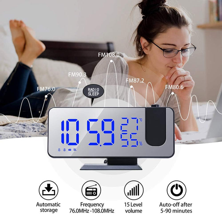 YUNYODA Projektionswecker, digitaler LED-Wecker mit Spiegeloberfläche, USB-Ladeanschluss, Schlummerf