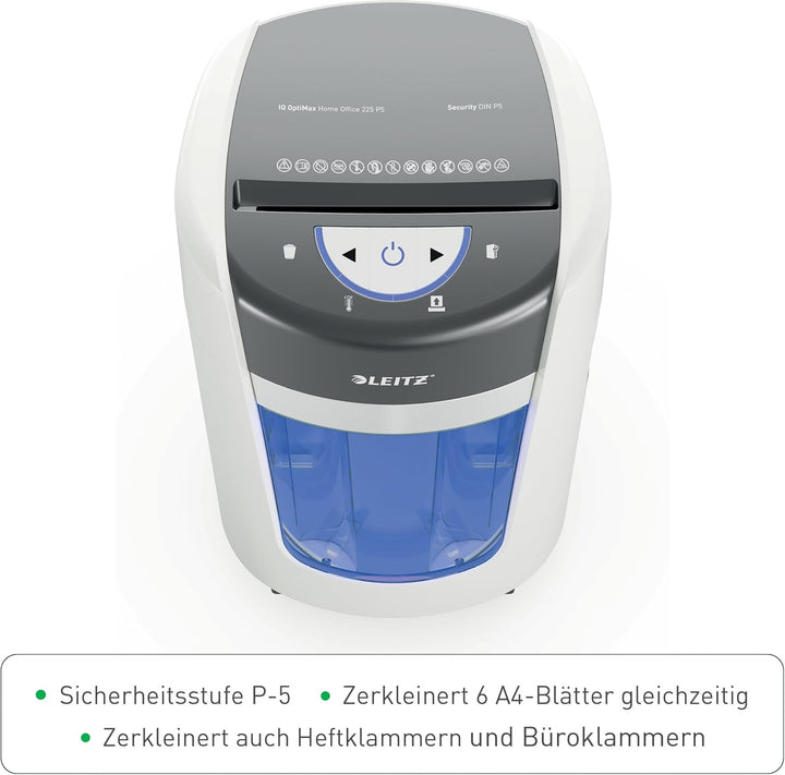 Leitz IQ Optimax Home Office 225 P5 Aktenvernichter, Mikroschnitt, Bis 6 Blatt 80 g/m², 45 Prozent m
