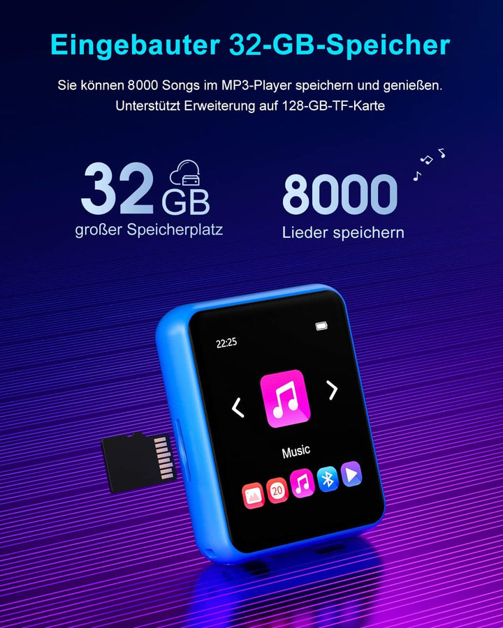 32GB MP3 Player Bluetooth 5.0 mit Voller Touchscreen, Verlustfreier HiFi-Musikplayer mit Metallgehäu