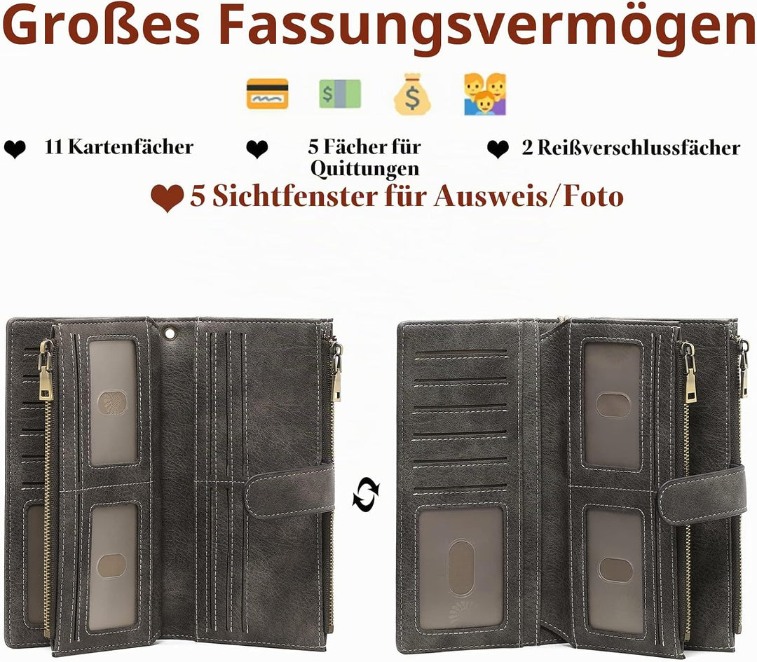 GOIACII Geldbörse Damen, Portemonnaie Damen Leder, RFID Blocking gross und im Langformat Geldbeutel