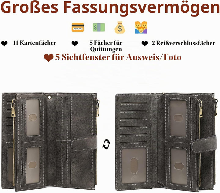 GOIACII Geldbörse Damen, Portemonnaie Damen Leder, RFID Blocking gross und im Langformat Geldbeutel