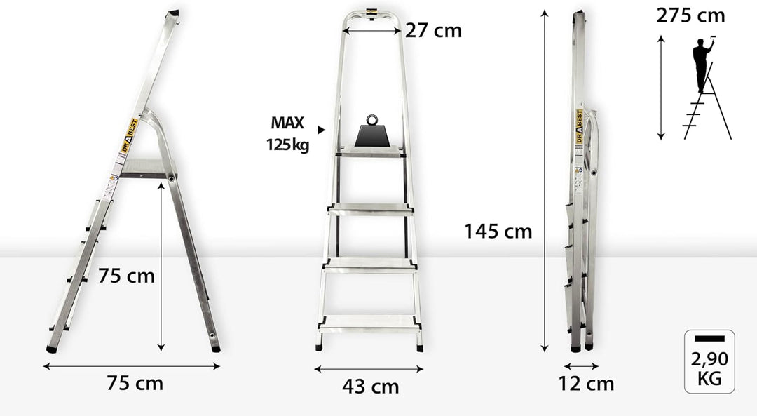 DRABEST Home Aluminiumleiter 4 Stufen 125 kg - Sicheres Arbeiten zu Hause und bei Renovierungen - Tr