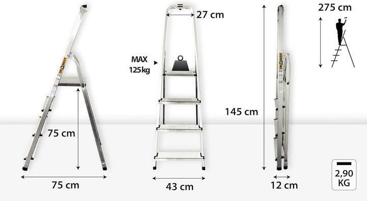 DRABEST Home Aluminiumleiter 4 Stufen 125 kg - Sicheres Arbeiten zu Hause und bei Renovierungen - Tr