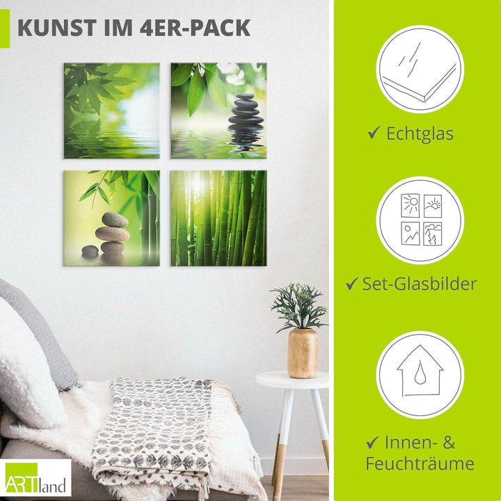 ARTland Glasbilder Wandbild Glas Bild Set 4 teilig je 30x30 cm Quadratisch Asien Wellness Zen Spa St